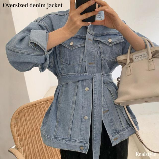 新作 デニムジャケット レディース 長袖 大きめ 長め ロング丈 リボン ベルテッド リボンベルト ビッグ ゆったり 大人 カジュアル きれいめ 可愛い アウター 上着 Gジャン 襟付き