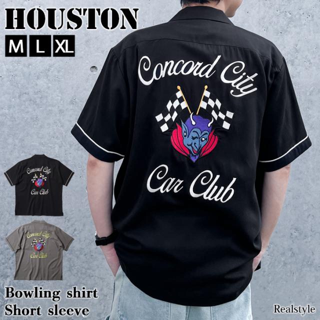 新作 半袖シャツ メンズ トップス 半袖 HOUSTON ヒューストン ボウリングシャツ 刺繍 デビル ミリタリー  アメカジ 襟付き 41179
