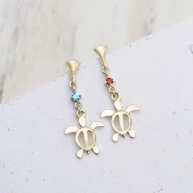 ハワイアンジュエリー ゴールド ピアス ホヌ イエローゴールド ピアス 誕生石 選べる ミル打ち 幸せ運ぶホヌピアス ミルグレイン 揺れる 片耳(1個)購入可 K14 14K シリコンキャッチ 20G ゲージ 彼女 妻 女性 レディース プレゼント 父の日 【品番：GE513】_2