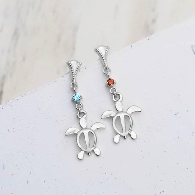 ハワイアンジュエリー ゴールド ピアス ホヌ ホワイトゴールド ピアス 誕生石 選べる ミル打ち 幸せ運ぶホヌピアス ミルグレイン 揺れる 片耳(1個)購入可 K14 14K シリコンキャッチ 20G ゲージ 彼女 妻 女性 レディース プレゼント 父の日 【品番：GE513W】_2