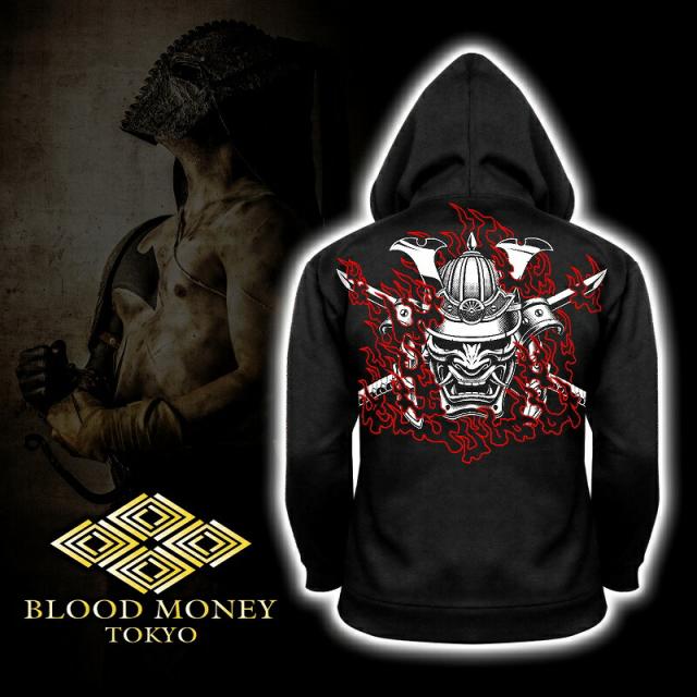 パーカー メンズファッション BLOOD MONEY TOKYO MBT-21010 和柄 侍 鎧武者 黒×白 赤 オラオラ系 ヤンキー ジャケット 上着 服 ヤクザ ブランド 胸刺繍 フード付き 長袖 ライダース バイク乗り ギャング チカーノ B系 HIPHOP系 バイカー 悪党の店 バースジャパン BIRTHJAPAN_1