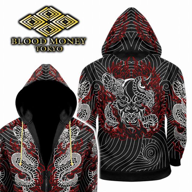 パーカー メンズファッション BLOOD MONEY TOKYO MBT-21011 和柄 刺青 蛇般若 黒×白 赤 オラオラ系 ヤンキー ジャケット 上着 服 ヤクザ ブランド 胸刺繍 フード付き 長袖 ライダース バイク ギャング チカーノ B系 HIPHOP系 バイカー 悪党の店 バースジャパン BIRTHJAPAN