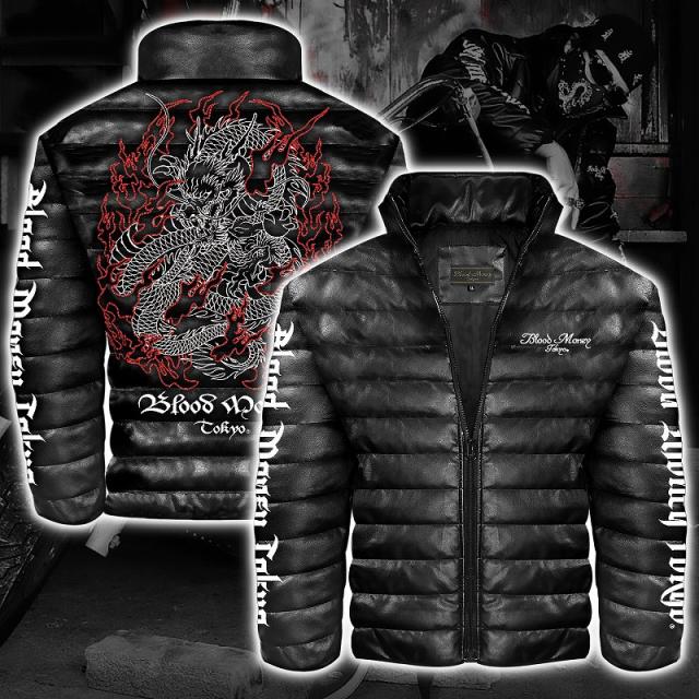 龍柄 レザー調 中綿ジャケット 黒×白 胸刺繍 ヤクザ ヤンキー 悪