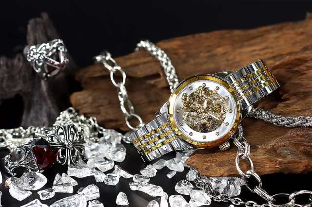 012 銀×銀 龍神モチーフ 機械式 自動巻き 腕時計 メンズ ファッション
