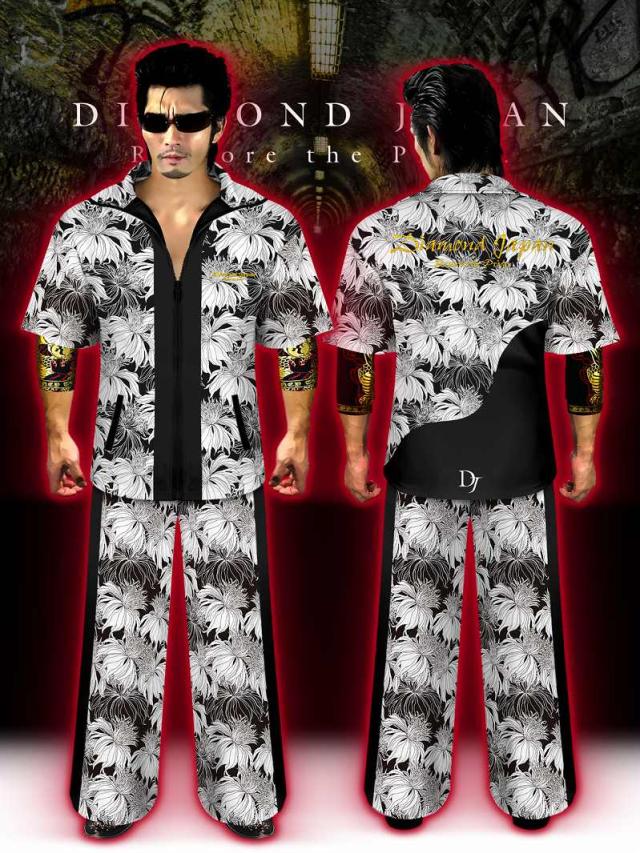 刺繍入り 花総柄 バロック柄 半袖 セットアップ ジャージ 白×黒 ヤクザ ヤンキー オラオラ 悪羅悪羅 オラオラ系 上下 服 DJ-139 派手 夏物 メンズ  悪党の店 バースジャパン BIRTHJAPAN 刺繍入り 花総柄 バロック柄 半袖 セットアップ ジャージ 白×黒 ヤクザ