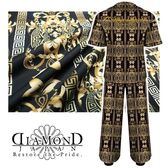 半袖 セットアップジャージ 長ズボン 服 DIAMOND JAPAN ダマスク柄 dj-167黒 金 バロック柄 メンズ ファッション ヤクザ ヤンキー オラオラ系 派手 悪党の店 バースジャパン BIRTHJAPAN