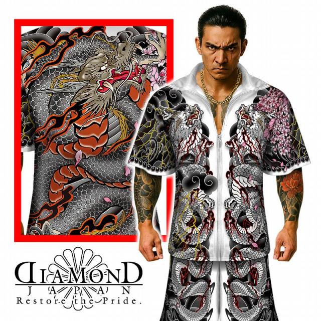 【5月中旬頃入荷予定】 和柄 刺青龍 総柄 半袖 セットアップ ジャージ DJ-222 和彫り 胸割 ヤクザ ヤンキー  オラオラ系 上下 服 夏物 メンズ ファッション