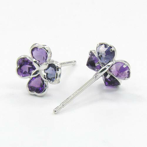 K18WG アメジスト&アイオライトクローバーモチーフ ピアス(太さ0.9mmx長さ12mm芯・シリコンキャッチ付)の通販は 21,863円