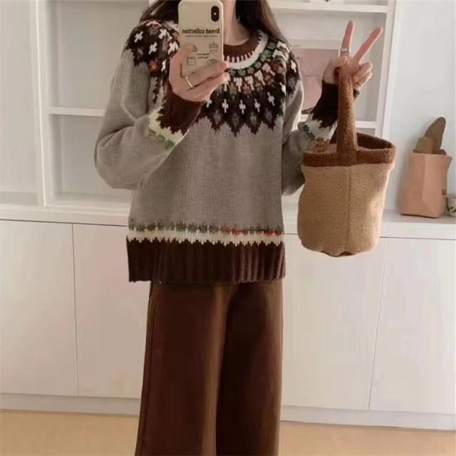 セーター ノルディックセーター レディース ニット トップス 秋 冬 ノルディック柄 かわいい おしゃれ シンプル ブラウン ベージュ 定番 長袖 クルーネック ラ