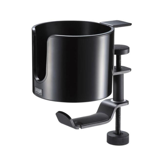 SANWA SUPPLY PDA-STN76BK (ブラック)(サンワサプライ)(ヘッドホンフック)(ヘッドホンハンガー)(ドリンクホルダー付き)