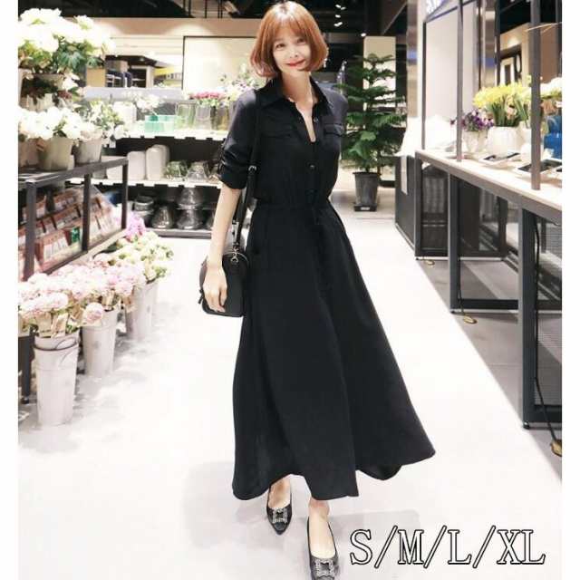 ワンピース レディース ワンピース マキシワンピース シフォンワンピース マキシ丈ワンピース ブラック 着痩せ 春秋冬 ロング丈の通販は