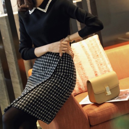 スカート 秋冬 きれいめ レディース タイトスカート 膝丈 ひざ丈 膝上 膝下 ミモレ丈 格子柄 黒 ブラック 大人カラー モノトーン 秋カラの通販は 7,730円