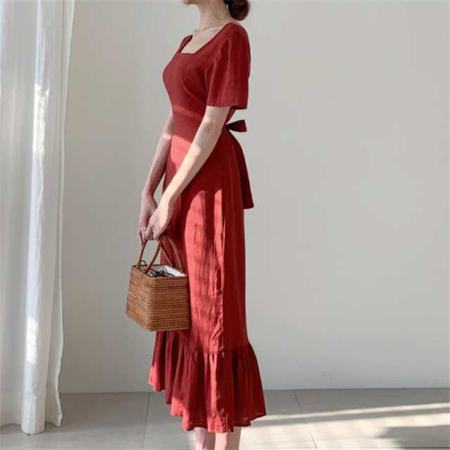 ワンピース レディース フレアワンピース ロングワンピース ロング ロング丈 マキシ マキシ丈 9分丈 アンクル丈 袖あり 半袖 スクエアネの通販は 4,875円