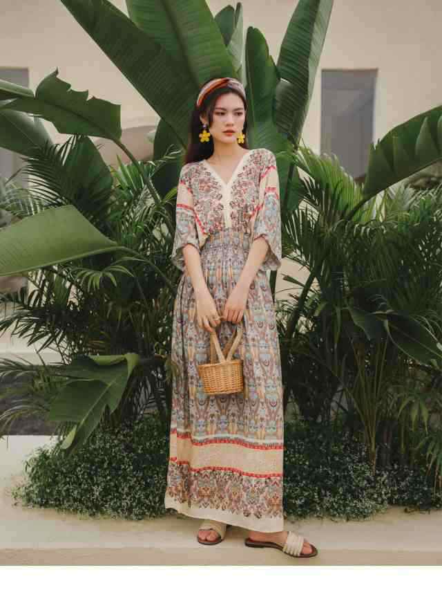 2色 レトロ ワンピース ロング ボヘミアン ラフ リゾート ワンピ