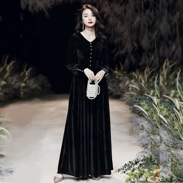 2色 ロング ドレス パーティードレス 個性的 黒 赤 袖あり 結婚式