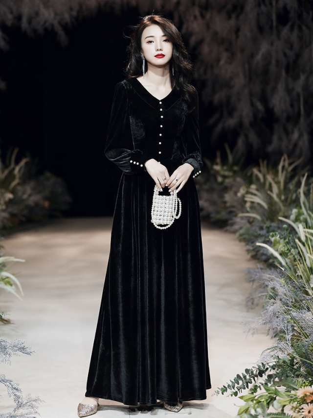 2色 ロング ドレス パーティードレス 個性的 黒 赤 袖あり 結婚式