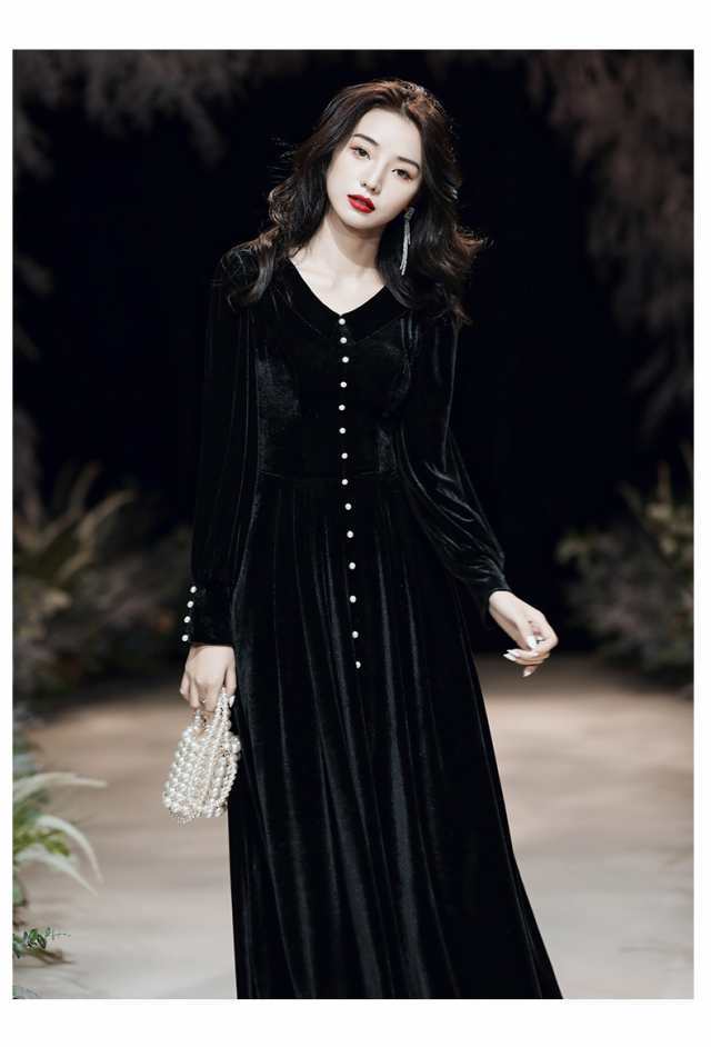 2色 ロング ドレス パーティードレス 個性的 黒 赤 袖あり 結婚式