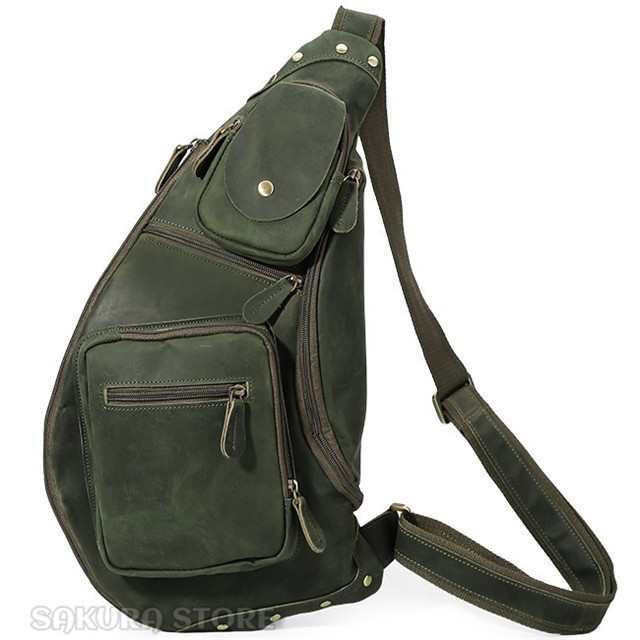 オリーブ 大容量 メンズ 本革 メッセンジャーバッグ ボディバッグ 左肩 斜め掛け iPad対応 アウトドア 自転車 鞄 4色の通販は