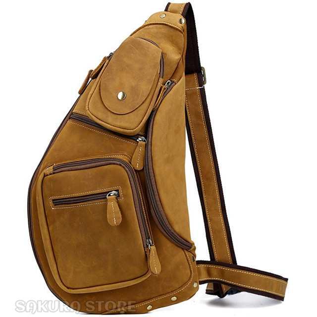 オリーブ 大容量 メンズ 本革 メッセンジャーバッグ ボディバッグ 左肩 斜め掛け iPad対応 アウトドア 自転車 鞄 4色の通販は