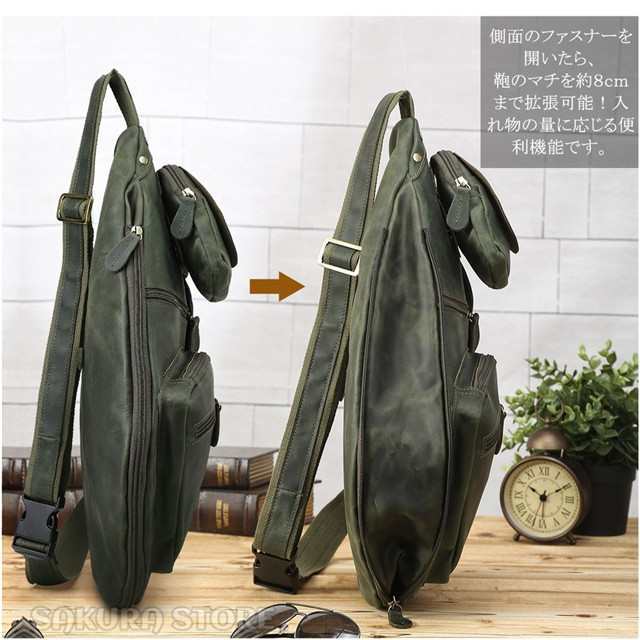 オリーブ 大容量 メンズ 本革 メッセンジャーバッグ ボディバッグ 左肩 斜め掛け iPad対応 アウトドア 自転車 鞄 4色の通販は