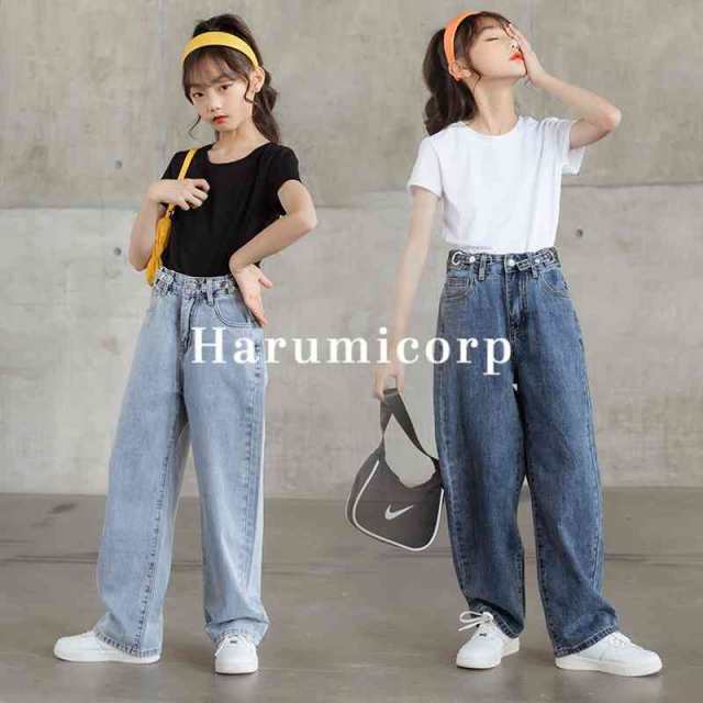 韓国子供服 ２点セットジーンズ 春夏 カジュアル ナチュラル tシャツワイドパンツ ズボン 半袖 ジーンズ セットアップ ゆったり リゾートの通販は