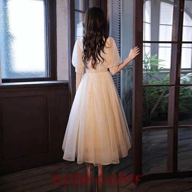 結婚式ドレス 二次会ドレス シャンパン色 ミモレ丈 可愛いドレス 折り
