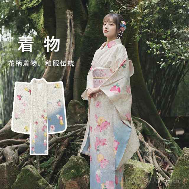着物　洗える 花柄 ゆかた　レデイース　女性　裏地なし日本服　和服　花火大会　イベントドレス セクシー 花柄 光沢あり  民族衣装 ワンの通販は