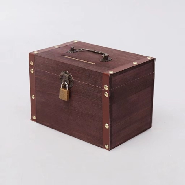 貯金箱 お札 お札が折らずに入る 木製 紙幣 小銭 貯金箱 かぎ 札 札 鍵付き コイン アンティーク調 インテリア シンプル 持ち