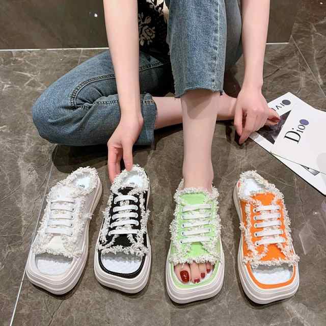 サンダル レディース 厚底 スポサン スニーカー 個性的 おしゃれ つっかけ かかと無し 厚底 オープントゥ スクエアトゥ 紐 シューレースの通販は 5,714円