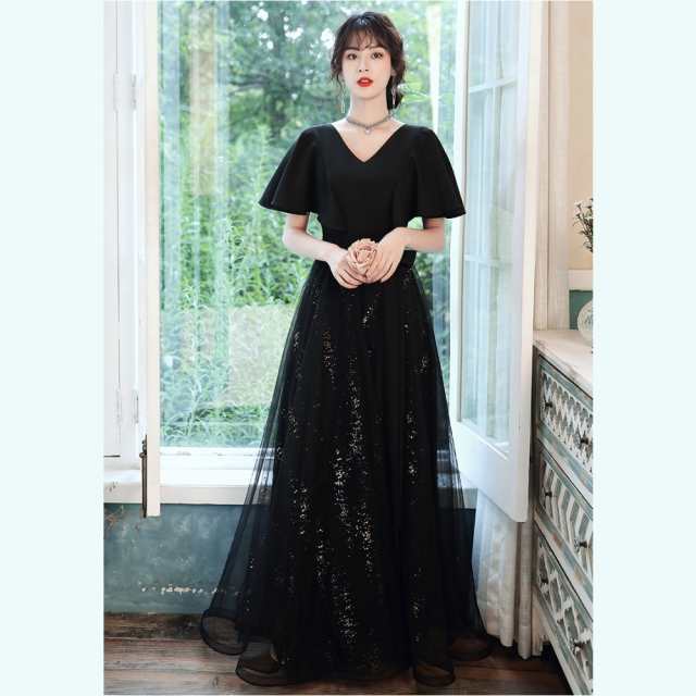 おしゃれロングドレスパーティードレス個性的袖ありVネックカシュクール結婚式二次会お呼ばれフォーマル演奏会発表会かっこいい おしゃれ ロング ドレス パーティードレス 個性的 黒 袖あり