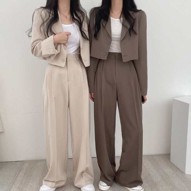 セットアップ ジャケット パンツ スーツ 上下セット ルーズ かっこいい こなれ感 シンプル 無地 ベージュ 茶色 ツーピース 長袖 ショートの通販は 8,437円