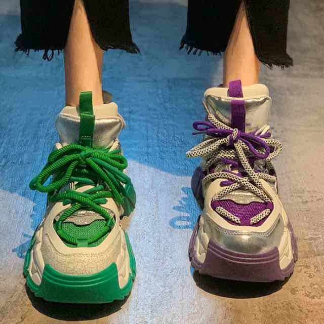 レビュー高評価 新登場 スニーカー シューズ 靴 レディース 秋の新作特集 毎日使える便利品 紫 ローカット 個性的 歩きやすい バイカラー カラフル 厚底 レースアップ ゴツ可愛い スポーティー 即納対応中 送料無料