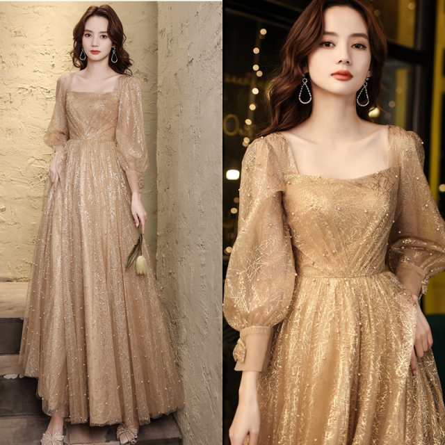 即納OK レビュー高評価 生活快適特集 ギフトにも最適 演奏会 華やか ピアノ お呼ばれ 在庫わずか 発表会 パーティードレス ロング 二次会 金色 ゴールド 個性的 結婚式 袖あり ドレス 送料無料 クリスマス