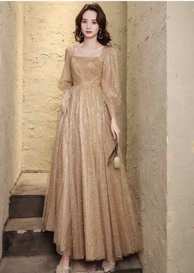 即納OK レビュー高評価 生活快適特集 ギフトにも最適 演奏会 華やか ピアノ お呼ばれ 在庫わずか 発表会 パーティードレス ロング 二次会 金色 ゴールド 個性的 結婚式 袖あり ドレス 送料無料 クリスマス