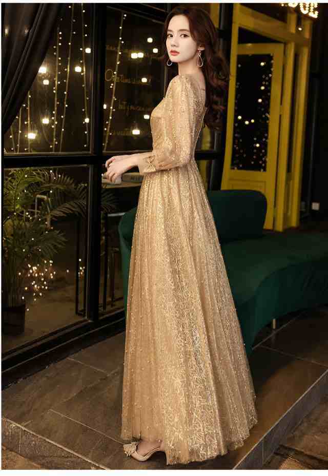 即納OK レビュー高評価 生活快適特集 ギフトにも最適 演奏会 華やか ピアノ お呼ばれ 在庫わずか 発表会 パーティードレス ロング 二次会 金色 ゴールド 個性的 結婚式 袖あり ドレス 送料無料 クリスマス