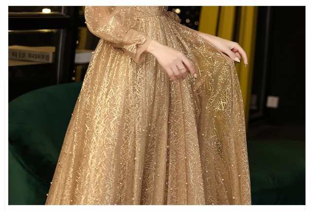 即納OK レビュー高評価 生活快適特集 ギフトにも最適 演奏会 華やか ピアノ お呼ばれ 在庫わずか 発表会 パーティードレス ロング 二次会 金色 ゴールド 個性的 結婚式 袖あり ドレス 送料無料 クリスマス