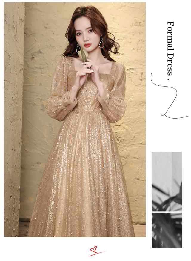 即納OK レビュー高評価 生活快適特集 ギフトにも最適 演奏会 華やか ピアノ お呼ばれ 在庫わずか 発表会 パーティードレス ロング 二次会 金色 ゴールド 個性的 結婚式 袖あり ドレス 送料無料 クリスマス