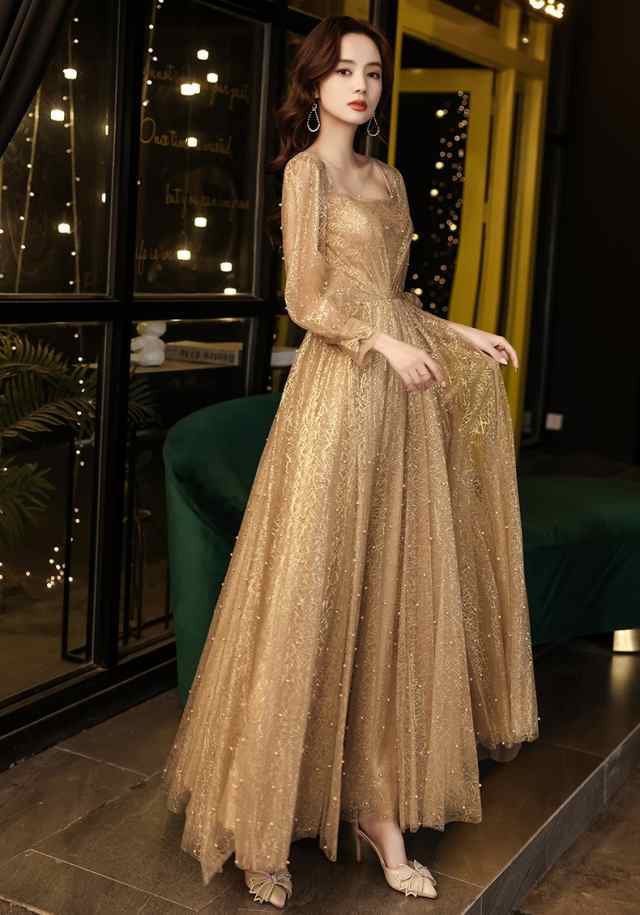 即納OK レビュー高評価 生活快適特集 ギフトにも最適 演奏会 華やか ピアノ お呼ばれ 在庫わずか 発表会 パーティードレス ロング 二次会 金色 ゴールド 個性的 結婚式 袖あり ドレス 送料無料 クリスマス