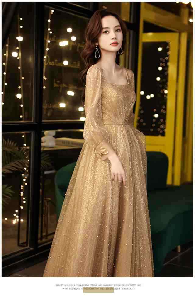 即納OK レビュー高評価 生活快適特集 ギフトにも最適 演奏会 華やか ピアノ お呼ばれ 在庫わずか 発表会 パーティードレス ロング 二次会 金色 ゴールド 個性的 結婚式 袖あり ドレス 送料無料 クリスマス