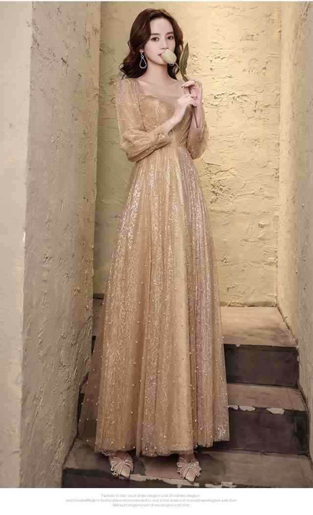 即納OK レビュー高評価 生活快適特集 ギフトにも最適 演奏会 華やか ピアノ お呼ばれ 在庫わずか 発表会 パーティードレス ロング 二次会 金色 ゴールド 個性的 結婚式 袖あり ドレス 送料無料 クリスマス