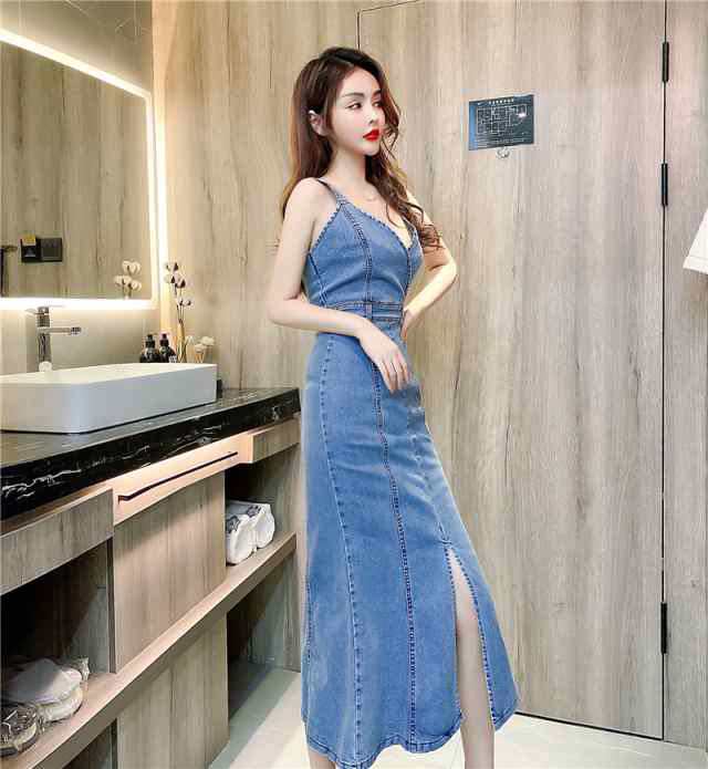 注目ランキング上位 レビュー高評価 即納OK ギフトにも最適 タイト 大胆 セクシー スリット キャミ風 スレンダー ブルー ドレス 在庫わずか 青 ロング 袖なし ミモレ丈 マーメイド ワンピ 無地 デニム キャバ 送料無料 クリスマスギフト