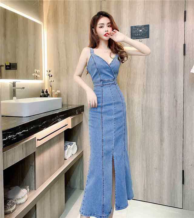 注目ランキング上位 レビュー高評価 即納OK ギフトにも最適 タイト 大胆 セクシー スリット キャミ風 スレンダー ブルー ドレス 在庫わずか 青 ロング 袖なし ミモレ丈 マーメイド ワンピ 無地 デニム キャバ 送料無料 クリスマスギフト