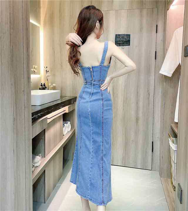 注目ランキング上位 レビュー高評価 即納OK ギフトにも最適 タイト 大胆 セクシー スリット キャミ風 スレンダー ブルー ドレス 在庫わずか 青 ロング 袖なし ミモレ丈 マーメイド ワンピ 無地 デニム キャバ 送料無料 クリスマスギフト