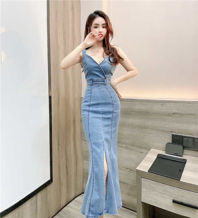 注目ランキング上位 レビュー高評価 即納OK ギフトにも最適 タイト 大胆 セクシー スリット キャミ風 スレンダー ブルー ドレス 在庫わずか 青 ロング 袖なし ミモレ丈 マーメイド ワンピ 無地 デニム キャバ 送料無料 クリスマスギフト