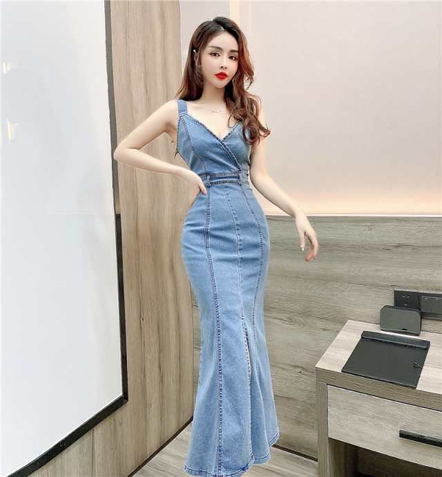 注目ランキング上位 レビュー高評価 即納OK ギフトにも最適 タイト 大胆 セクシー スリット キャミ風 スレンダー ブルー ドレス 在庫わずか 青 ロング 袖なし ミモレ丈 マーメイド ワンピ 無地 デニム キャバ 送料無料 クリスマスギフト