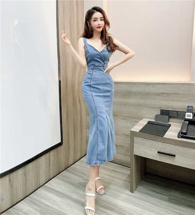 注目ランキング上位 レビュー高評価 即納OK ギフトにも最適 タイト 大胆 セクシー スリット キャミ風 スレンダー ブルー ドレス 在庫わずか 青 ロング 袖なし ミモレ丈 マーメイド ワンピ 無地 デニム キャバ 送料無料 クリスマスギフト