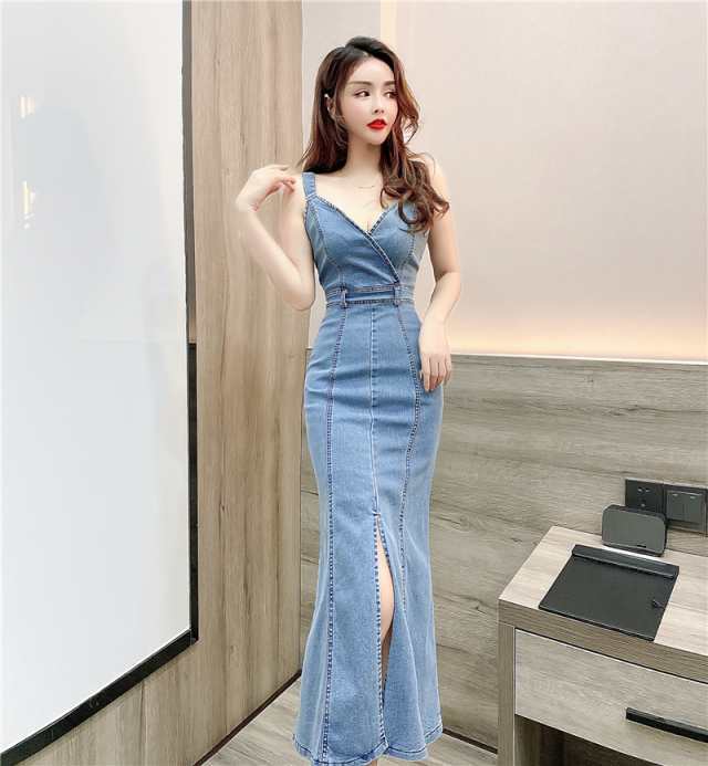 注目ランキング上位 レビュー高評価 即納OK ギフトにも最適 タイト 大胆 セクシー スリット キャミ風 スレンダー ブルー ドレス 在庫わずか 青 ロング 袖なし ミモレ丈 マーメイド ワンピ 無地 デニム キャバ 送料無料 クリスマスギフト