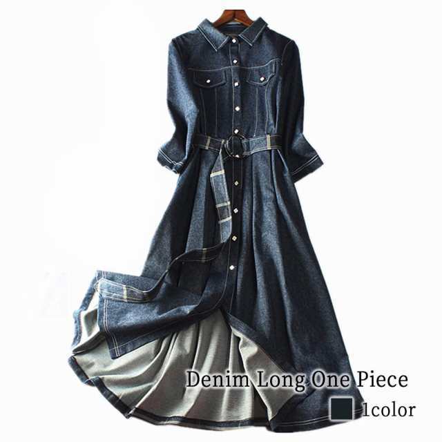 ワンピース レディース デニムロングワンピース Aライン ネック 大人 韓国 秋 安い 大きいサイズ きれいめ 20代 スカート ロング 黒 白 4の通販は 10,208円