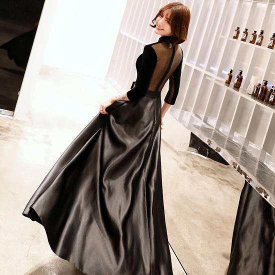 パーティードレス ロングドレス 20代 30代 40代 韓国 ロング 袖あり マキシ丈 結婚式 大きいサイズ 黒 7分袖 シースルー Vネック 二次会の通販は 8,873円