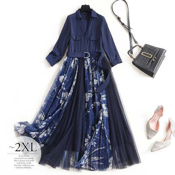 ドレス ワンピース ゴージャス 長袖 ドッキング シャツワンピ カシュクール チュール 花柄 レースネイビー細見え 通学 マダム 30代40代50の通販は